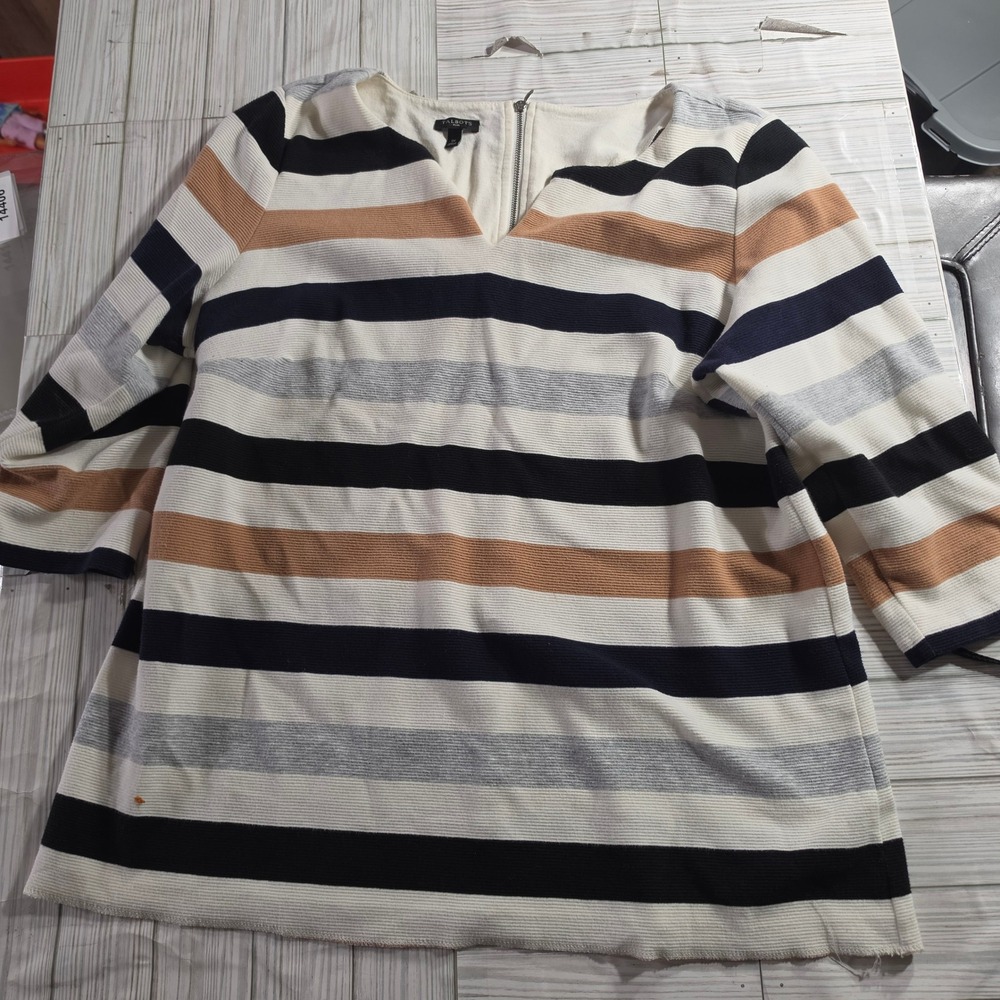 Talbots Plus Womens 1X Striped Ribbed Knit Top Navy Tan V-Neck Back Zip 14406